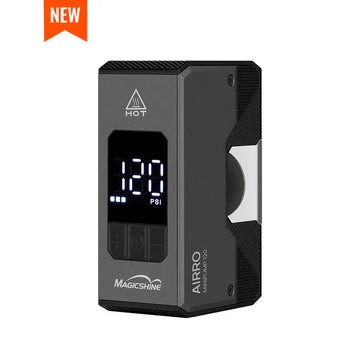 Magicshine AIRRO Mini compact bicycle tire inflator with digital display showing 120 PSI pressure and control buttons.